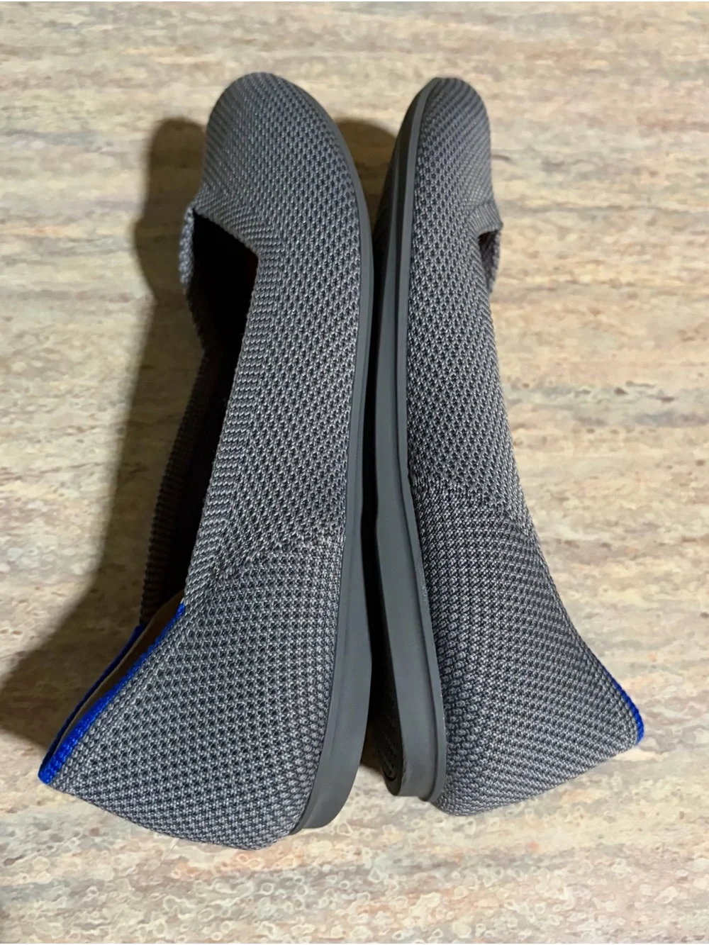 Rothy’s Grey Knit Ballet Flats with Red Insole and Blue Trim
